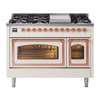 ILVE Nostalgie II 48-Inch Dual Fuel Range with 8 Sealed Burners + Griddle, 5.02 cu. ft. Oven, Antique White with Copper Trim, Natural Gas, Triple Glass Door, UN48FNMPAWP
