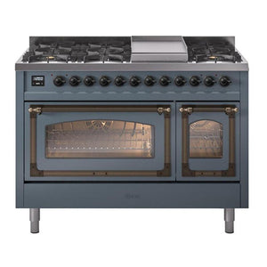 ILVE Nostalgie II 48-Inch Dual Fuel Range with 8 Sealed Burners + Griddle, 5.02 cu. ft. Oven, Blue Grey with Burnished Trim, Liquid Propane, Triple Glass Door, UN48FNMPBGBLP