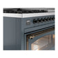 ILVE Nostalgie II 48-Inch Dual Fuel Range with 8 Sealed Burners + Griddle, 5.02 cu. ft. Oven, Blue Grey with Burnished Trim, Liquid Propane, Triple Glass Door, UN48FNMPBGBLP