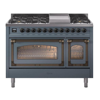 ILVE Nostalgie II 48-Inch Dual Fuel Range with 8 Sealed Burners + Griddle, 5.02 cu. ft. Oven, Blue Grey with Burnished Trim, Natural Gas, Triple Glass Door, UN48FNMPBGB