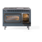 ILVE Nostalgie II 48-Inch Dual Fuel Range with 8 Sealed Burners + Griddle, 5.02 cu. ft. Oven, Blue Grey with Burnished Trim, Natural Gas, Triple Glass Door, UN48FNMPBGB