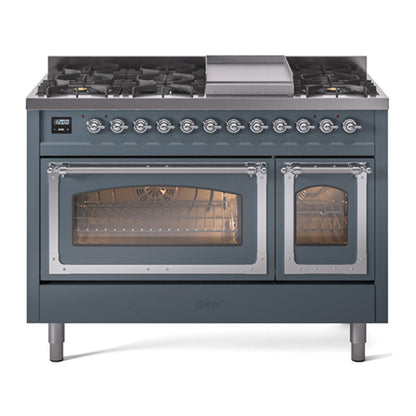 ILVE Nostalgie II 48-Inch Dual Fuel Range with 8 Sealed Burners + Griddle, 5.02 cu. ft. Oven, Blue Grey with Chrome Trim, Natural Gas, Triple Glass Door, UN48FNMPBGC