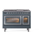 ILVE Nostalgie II 48-Inch Dual Fuel Range with 8 Sealed Burners + Griddle, 5.02 cu. ft. Oven, Blue Grey with Chrome Trim, Natural Gas, Triple Glass Door, UN48FNMPBGC