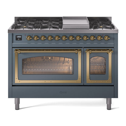 ILVE Nostalgie II 48-Inch Dual Fuel Range with 8 Sealed Burners + Griddle, 5.02 cu. ft. Oven, Blue Grey with Brass Trim, Liquid Propane, Triple Glass Door, UN48FNMPBGGLP