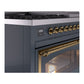 ILVE Nostalgie II 48-Inch Dual Fuel Range with 8 Sealed Burners + Griddle, 5.02 cu. ft. Oven, Blue Grey with Brass Trim, Liquid Propane, Triple Glass Door, UN48FNMPBGGLP