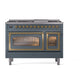 ILVE Nostalgie II 48-Inch Dual Fuel Range with 8 Sealed Burners + Griddle, 5.02 cu. ft. Oven, Blue Grey with Brass Trim, Natural Gas, Triple Glass Door, UN48FNMPBGG