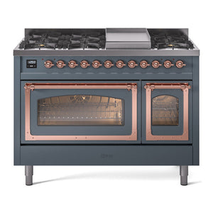 ILVE Nostalgie II 48-Inch Dual Fuel Range with 8 Sealed Burners + Griddle, 5.02 cu. ft. Oven, Blue Grey with Copper Trim, Liquid Propane, Triple Glass Door, UN48FNMPBGPLP