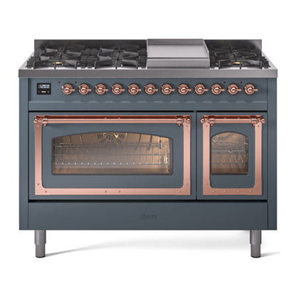 ILVE Nostalgie II 48-Inch Dual Fuel Range with 8 Sealed Burners + Griddle, 5.02 cu. ft. Oven, Blue Grey with Copper Trim, Liquid Propane, Triple Glass Door, UN48FNMPBGPLP