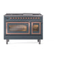 ILVE Nostalgie II 48-Inch Dual Fuel Range with 8 Sealed Burners + Griddle, 5.02 cu. ft. Oven, Blue Grey with Copper Trim, Natural Gas, Triple Glass Door, UN48FNMPBGP