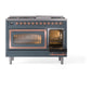 ILVE Nostalgie II 48-Inch Dual Fuel Range with 8 Sealed Burners + Griddle, 5.02 cu. ft. Oven, Blue Grey with Copper Trim, Natural Gas, Triple Glass Door, UN48FNMPBGP