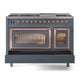 ILVE Nostalgie II 48-Inch Dual Fuel Range with 8 Sealed Burners + Griddle, 5.02 cu. ft. Oven, Blue Grey with Copper Trim, Natural Gas, Triple Glass Door, UN48FNMPBGP