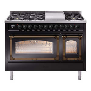 ILVE Nostalgie II 48-Inch Dual Fuel Range with 8 Sealed Burners + Griddle, 5.02 cu. ft. Oven, Glossy Black with Burnished Trim, Natural Gas, Triple Glass Door, UN48FNMPBKB