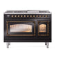 ILVE Nostalgie II 48-Inch Dual Fuel Range with 8 Sealed Burners + Griddle, 5.02 cu. ft. Oven, Glossy Black with Burnished Trim, Natural Gas, Triple Glass Door, UN48FNMPBKB