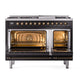ILVE Nostalgie II 48-Inch Dual Fuel Range with 8 Sealed Burners + Griddle, 5.02 cu. ft. Oven, Glossy Black with Burnished Trim, Natural Gas, Triple Glass Door, UN48FNMPBKB