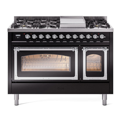 ILVE Nostalgie II 48-Inch Dual Fuel Range with 8 Sealed Burners + Griddle, 5.02 cu. ft. Oven, Glossy Black with Chrome Trim, Liquid Propane, Triple Glass Door, UN48FNMPBKCLP