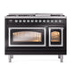 ILVE Nostalgie II 48-Inch Dual Fuel Range with 8 Sealed Burners + Griddle, 5.02 cu. ft. Oven, Glossy Black with Chrome Trim, Liquid Propane, Triple Glass Door, UN48FNMPBKCLP