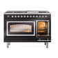 ILVE Nostalgie II 48-Inch Dual Fuel Range with 8 Sealed Burners + Griddle, 5.02 cu. ft. Oven, Glossy Black with Chrome Trim, Liquid Propane, Triple Glass Door, UN48FNMPBKCLP