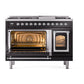 ILVE Nostalgie II 48-Inch Dual Fuel Range with 8 Sealed Burners + Griddle, 5.02 cu. ft. Oven, Glossy Black with Chrome Trim, Natural Gas, Triple Glass Door, UN48FNMPBKC