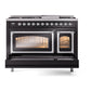 ILVE Nostalgie II 48-Inch Dual Fuel Range with 8 Sealed Burners + Griddle, 5.02 cu. ft. Oven, Glossy Black with Chrome Trim, Natural Gas, Triple Glass Door, UN48FNMPBKC