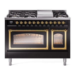 ILVE Nostalgie II 48-Inch Dual Fuel Range with 8 Sealed Burners + Griddle, 5.02 cu. ft. Oven, Glossy Black with Brass Trim, Natural Gas, Triple Glass Door, UN48FNMPBKG