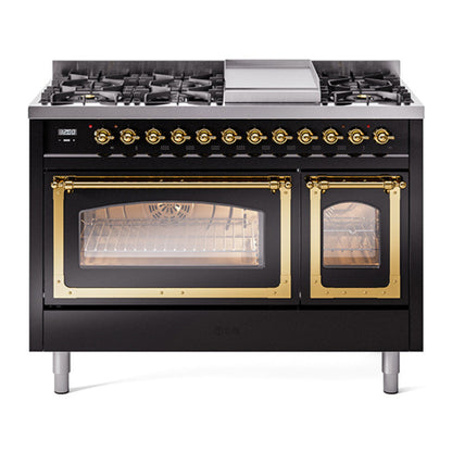 ILVE Nostalgie II 48-Inch Dual Fuel Range with 8 Sealed Burners + Griddle, 5.02 cu. ft. Oven, Glossy Black with Brass Trim, Natural Gas, Triple Glass Door, UN48FNMPBKG