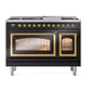 ILVE Nostalgie II 48-Inch Dual Fuel Range with 8 Sealed Burners + Griddle, 5.02 cu. ft. Oven, Glossy Black with Brass Trim, Natural Gas, Triple Glass Door, UN48FNMPBKG