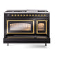 ILVE Nostalgie II 48-Inch Dual Fuel Range with 8 Sealed Burners + Griddle, 5.02 cu. ft. Oven, Glossy Black with Brass Trim, Natural Gas, Triple Glass Door, UN48FNMPBKG