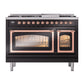 ILVE Nostalgie II 48-Inch Dual Fuel Range with 8 Sealed Burners + Griddle, 5.02 cu. ft. Oven, Glossy Black with Copper Trim, Liquid Propane, Triple Glass Door, UN48FNMPBKPLP