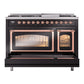 ILVE Nostalgie II 48-Inch Dual Fuel Range with 8 Sealed Burners + Griddle, 5.02 cu. ft. Oven, Glossy Black with Copper Trim, Liquid Propane, Triple Glass Door, UN48FNMPBKPLP