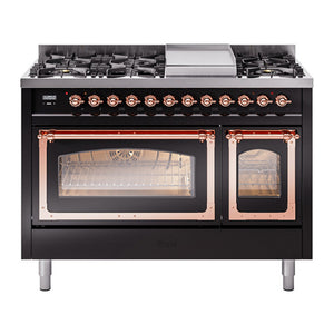 ILVE Nostalgie II 48-Inch Dual Fuel Range with 8 Sealed Burners + Griddle, 5.02 cu. ft. Oven, Glossy Black with Copper Trim, Natural Gas, Triple Glass Door, UN48FNMPBKP