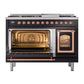 ILVE Nostalgie II 48-Inch Dual Fuel Range with 8 Sealed Burners + Griddle, 5.02 cu. ft. Oven, Glossy Black with Copper Trim, Natural Gas, Triple Glass Door, UN48FNMPBKP