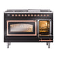 ILVE Nostalgie II 48-Inch Dual Fuel Range with 8 Sealed Burners + Griddle, 5.02 cu. ft. Oven, Glossy Black with Copper Trim, Natural Gas, Triple Glass Door, UN48FNMPBKP