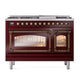 ILVE Nostalgie II 48-Inch Dual Fuel Range with 8 Sealed Burners + Griddle, 5.02 cu. ft. Oven, Burgundy with Burnished Trim, Liquid Propane, Triple Glass Door, UN48FNMPBUBLP
