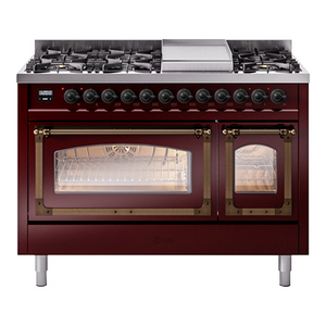 ILVE Nostalgie II 48-Inch Dual Fuel Range with 8 Sealed Burners + Griddle, 5.02 cu. ft. Oven, Burgundy with Burnished Trim, Natural Gas, Triple Glass Door, UN48FNMPBUB