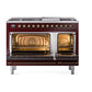 ILVE Nostalgie II 48-Inch Dual Fuel Range with 8 Sealed Burners + Griddle, 5.02 cu. ft. Oven, Burgundy with Burnished Trim, Natural Gas, Triple Glass Door, UN48FNMPBUB