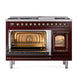 ILVE Nostalgie II 48-Inch Dual Fuel Range with 8 Sealed Burners + Griddle, 5.02 cu. ft. Oven, Burgundy with Burnished Trim, Natural Gas, Triple Glass Door, UN48FNMPBUB