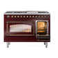 ILVE Nostalgie II 48-Inch Dual Fuel Range with 8 Sealed Burners + Griddle, 5.02 cu. ft. Oven, Burgundy with Burnished Trim, Natural Gas, Triple Glass Door, UN48FNMPBUB