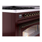ILVE Nostalgie II 48-Inch Dual Fuel Range with 8 Sealed Burners + Griddle, 5.02 cu. ft. Oven, Burgundy with Burnished Trim, Natural Gas, Triple Glass Door, UN48FNMPBUB
