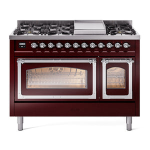 ILVE Nostalgie II 48-Inch Dual Fuel Range with 8 Sealed Burners + Griddle, 5.02 cu. ft. Oven, Burgundy with Chrome Trim, Liquid Propane, Triple Glass Door, UN48FNMPBUCLP