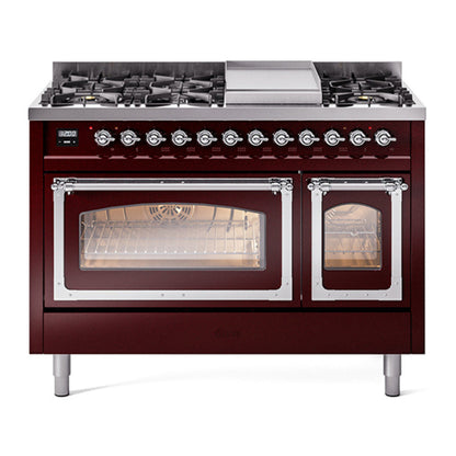 ILVE Nostalgie II 48-Inch Dual Fuel Range with 8 Sealed Burners + Griddle, 5.02 cu. ft. Oven, Burgundy with Chrome Trim, Liquid Propane, Triple Glass Door, UN48FNMPBUCLP