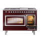 ILVE Nostalgie II 48-Inch Dual Fuel Range with 8 Sealed Burners + Griddle, 5.02 cu. ft. Oven, Burgundy with Chrome Trim, Liquid Propane, Triple Glass Door, UN48FNMPBUCLP