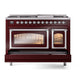 ILVE Nostalgie II 48-Inch Dual Fuel Range with 8 Sealed Burners + Griddle, 5.02 cu. ft. Oven, Burgundy with Chrome Trim, Liquid Propane, Triple Glass Door, UN48FNMPBUCLP