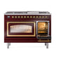 ILVE Nostalgie II 48-Inch Dual Fuel Range with 8 Sealed Burners + Griddle, 5.02 cu. ft. Oven, Burgundy with Brass Trim, Liquid Propane, Triple Glass Door, UN48FNMPBUGLP