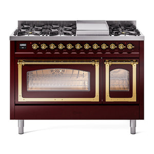 ILVE Nostalgie II 48-Inch Dual Fuel Range with 8 Sealed Burners + Griddle, 5.02 cu. ft. Oven, Burgundy with Brass Trim, Natural Gas, Triple Glass Door, UN48FNMPBUG