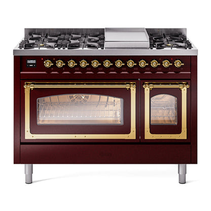 ILVE Nostalgie II 48-Inch Dual Fuel Range with 8 Sealed Burners + Griddle, 5.02 cu. ft. Oven, Burgundy with Brass Trim, Natural Gas, Triple Glass Door, UN48FNMPBUG