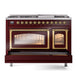 ILVE Nostalgie II 48-Inch Dual Fuel Range with 8 Sealed Burners + Griddle, 5.02 cu. ft. Oven, Burgundy with Brass Trim, Natural Gas, Triple Glass Door, UN48FNMPBUG