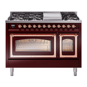 ILVE Nostalgie II 48-Inch Dual Fuel Range with 8 Sealed Burners + Griddle, 5.02 cu. ft. Oven, Burgundy with Copper Trim, Liquid Propane, Triple Glass Door, UN48FNMPBUPLP