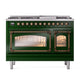 ILVE Nostalgie II 48-Inch Dual Fuel Range with 8 Sealed Burners + Griddle, 5.02 cu. ft. Oven, Emerald Green with Burnished Trim, Liquid Propane, Triple Glass Door, UN48FNMPEGBLP