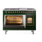 ILVE Nostalgie II 48-Inch Dual Fuel Range with 8 Sealed Burners + Griddle, 5.02 cu. ft. Oven, Emerald Green with Burnished Trim, Liquid Propane, Triple Glass Door, UN48FNMPEGBLP
