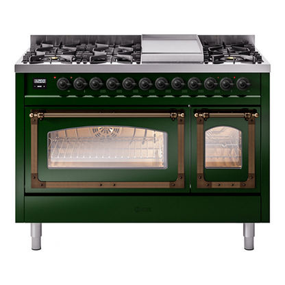 ILVE Nostalgie II 48-Inch Dual Fuel Range with 8 Sealed Burners + Griddle, 5.02 cu. ft. Oven, Emerald Green with Burnished Trim, Natural Gas, Triple Glass Door, UN48FNMPEGB